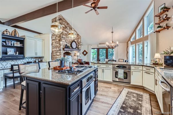 Chandelier, Interior, Kitchen, Pendant Lights, Stainless Steel Appliances, Stone Walls, Wooden Beams, Wood Texture Flooring