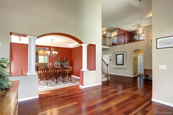 Chandelier, Dining room, Interior, Pendant Lights, Recessed Lighting, Wood Texture Flooring