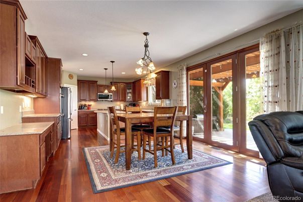 Dining room, Interior, Kitchen, Pendant Lights, Recessed Lighting, Wood Texture Flooring