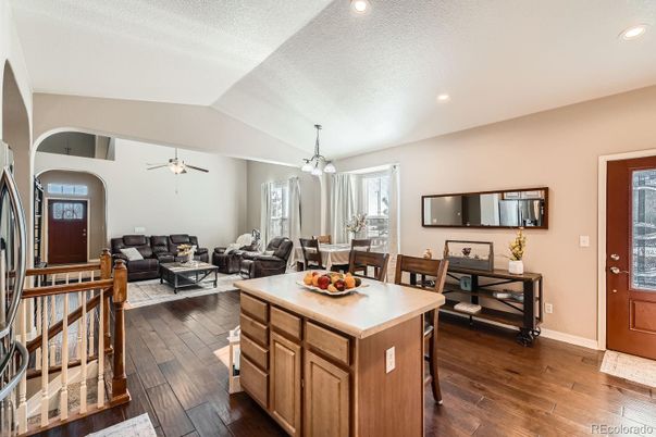 Dining room, Interior, Living room, Pendant Lights, Recessed Lighting, Wood Texture Flooring