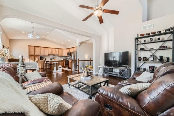 Interior, Kitchen, Living room, Pendant Lights, Recessed Lighting, Wood Texture Flooring