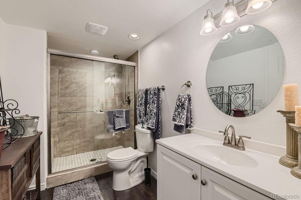 Bathroom, Glass Shower, Interior, Recessed Lighting, Wood Texture Flooring