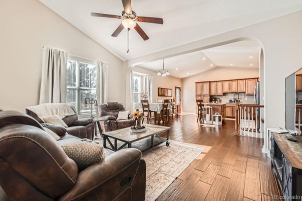 Chandelier, Dining room, Interior, Kitchen, Living room, Recessed Lighting, Wood Texture Flooring