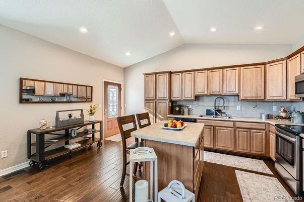 Dining room, Interior, Kitchen, Recessed Lighting, Wood Texture Flooring