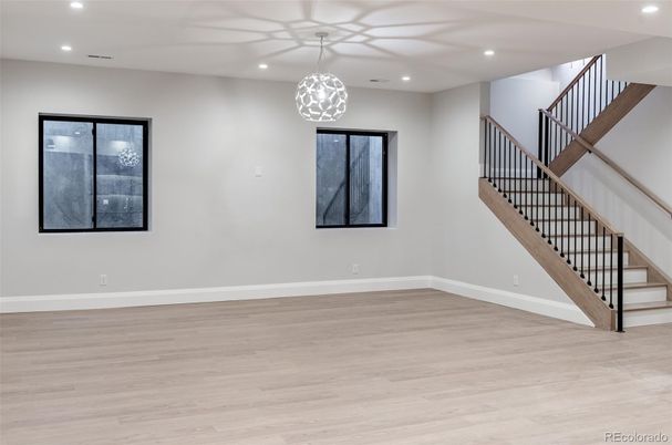 Empty room, Interior, Pendant Lights, Recessed Lighting, Wood Texture Flooring