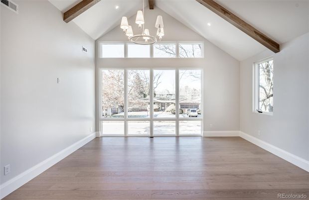Chandelier, Empty room, Interior, Recessed Lighting, Wooden Beams, Wood Texture Flooring