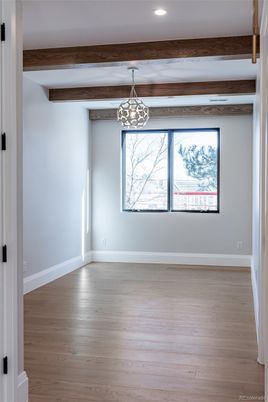 Empty room, Interior, Pendant Lights, Recessed Lighting, Wooden Beams, Wood Texture Flooring