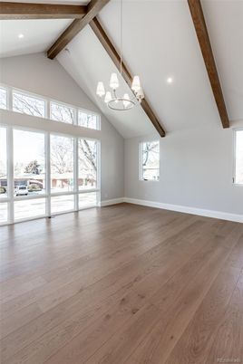 Chandelier, Empty room, Interior, Pendant Lights, Recessed Lighting, Wooden Beams, Wood Texture Flooring