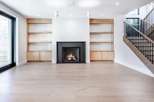 Empty room, Fireplace, Interior, Recessed Lighting, Wood Texture Flooring