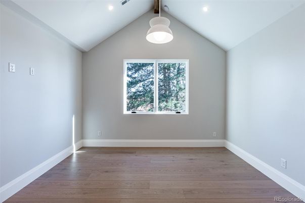 Empty room, Interior, Pendant Lights, Recessed Lighting, Wood Texture Flooring