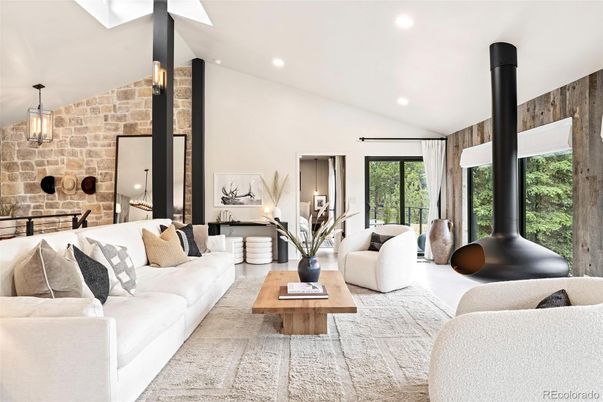 Fireplace, Interior, Living room, Pendant Lights, Recessed Lighting, Stone Walls