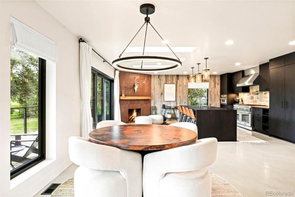Dining room, Fireplace, Interior, Kitchen, Pendant Lights, Recessed Lighting, Stainless Steel Appliances