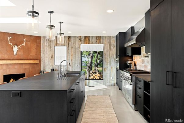 Interior, Kitchen, Pendant Lights, Recessed Lighting, Stainless Steel Appliances, Wooden Walls