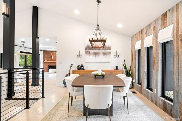 Dining room, Interior, Pendant Lights, Recessed Lighting, Wood Texture Flooring