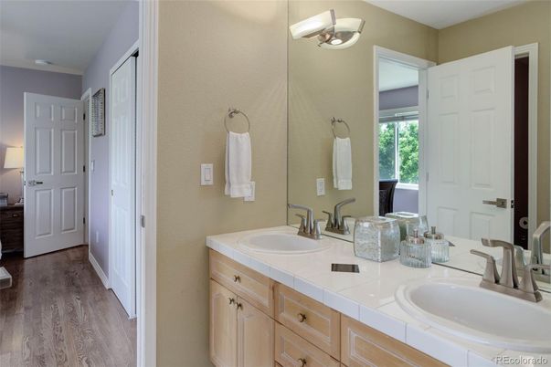 Bathroom, Dual Sink Vanities, Interior, Tile Countertops, Wood Texture Flooring