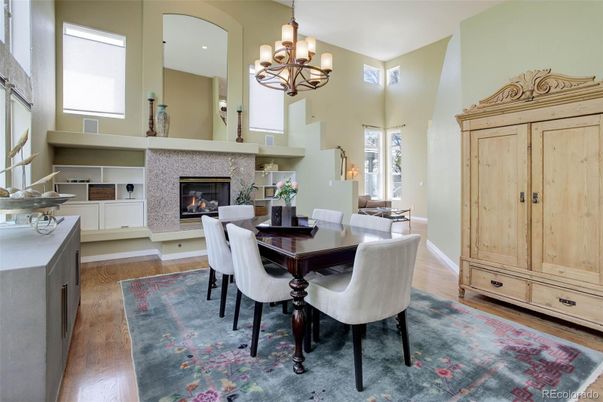 Chandelier, Dining room, Fireplace, Interior, Recessed Lighting, Wood Texture Flooring