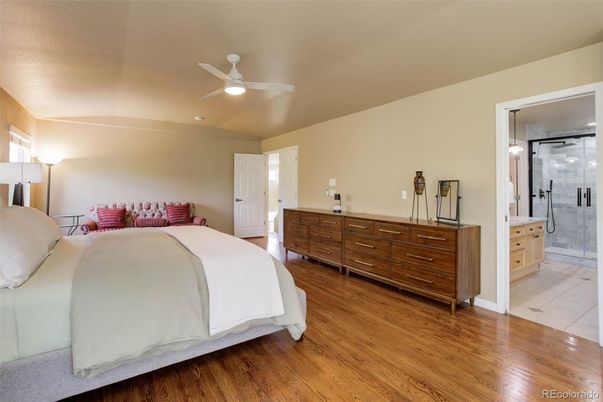 Bathroom, Bedroom, Glass Shower, Interior, Recessed Lighting, Wood Texture Flooring