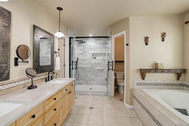 Bathroom, Dual Sink Vanities, Glass Shower, Interior, Pendant Lights, Recessed Lighting