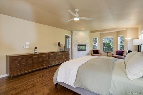 Bedroom, Fireplace, Interior, Recessed Lighting, Wood Texture Flooring
