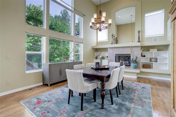 Chandelier, Dining room, Fireplace, Interior, Wood Texture Flooring