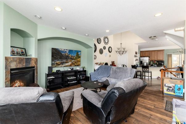 Dining room, Fireplace, Interior, Kitchen, Living room, Pendant Lights, Recessed Lighting, Wood Texture Flooring