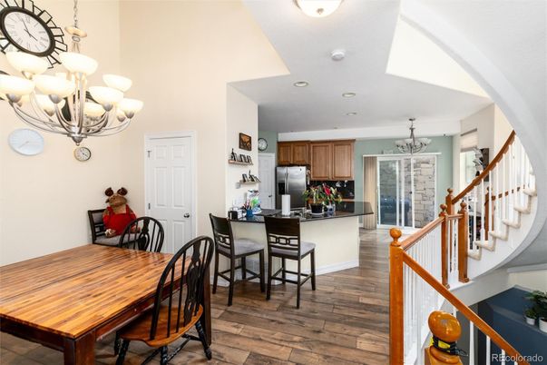 Chandelier, Dining room, Interior, Kitchen, Recessed Lighting, Wood Texture Flooring