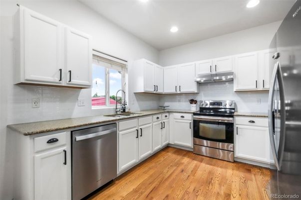 Interior, Kitchen, Recessed Lighting, Stainless Steel Appliances, Wood Texture Flooring