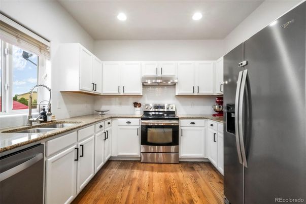 Interior, Kitchen, Recessed Lighting, Stainless Steel Appliances, Wood Texture Flooring