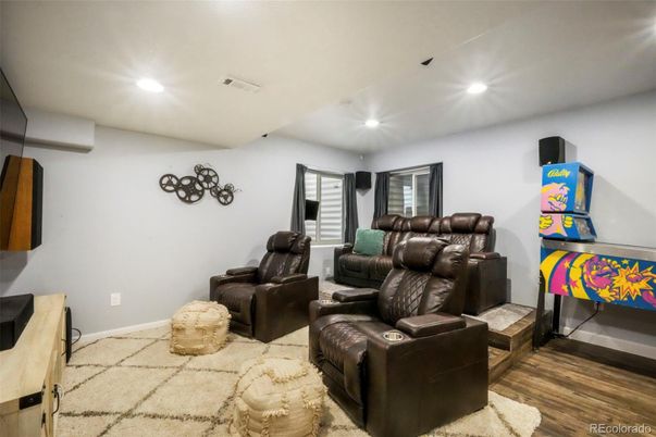 Home Theatre Room, Interior, Recessed Lighting, Theatre Room, Wood Texture Flooring