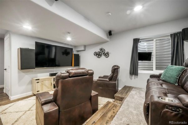 Home Theatre Room, Interior, Living room, Recessed Lighting, Theatre Room, Wood Texture Flooring