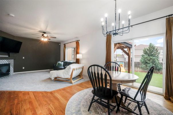 Chandelier, Dining room, Fireplace, Interior, Wood Texture Flooring