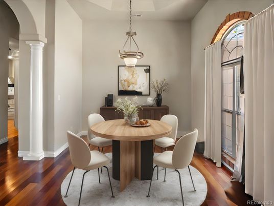 Dining room, Interior, Pendant Lights, Wood Texture Flooring