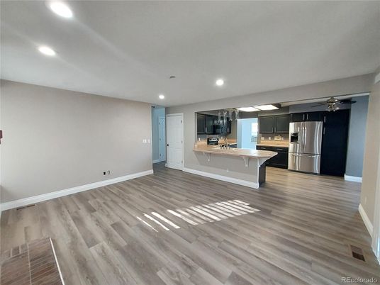Empty room, Interior, Kitchen, Recessed Lighting, Stainless Steel Appliances, Wood Texture Flooring