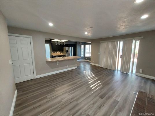 Empty room, Interior, Kitchen, Recessed Lighting, Wood Texture Flooring