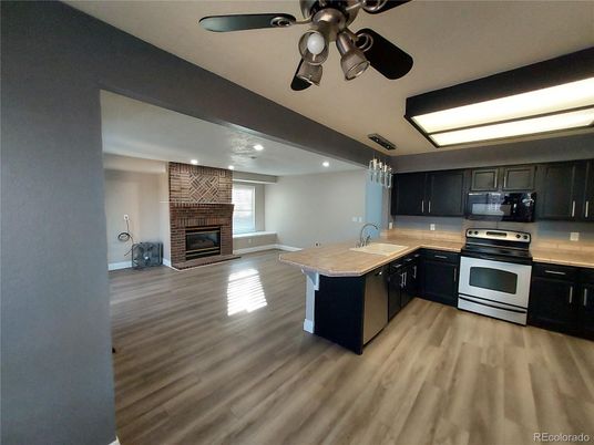 Fireplace, Interior, Kitchen, Recessed Lighting, Stainless Steel Appliances, Stone Walls, Wood Texture Flooring