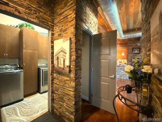 Interior, Kitchen, Pendant Lights, Washer, Wood Texture Flooring, Wooden Walls