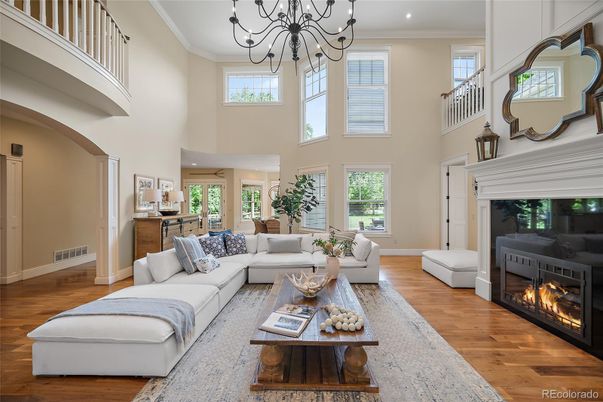 Chandelier, Fireplace, Interior, Living room, Recessed Lighting, Wood Texture Flooring