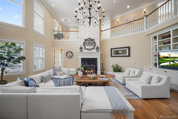 Chandelier, Fireplace, Interior, Living room, Recessed Lighting, Wood Texture Flooring