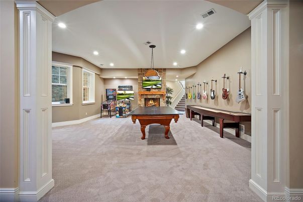 Billiard Table, Fireplace, Game Room, Interior, Pendant Lights, Recessed Lighting
