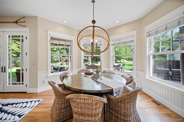 Dining room, Interior, Pendant Lights, Recessed Lighting, Wood Texture Flooring