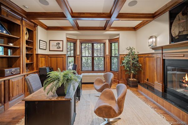 Fireplace, Home Office, Interior, Recessed Lighting, Wooden Beams, Wood Texture Flooring