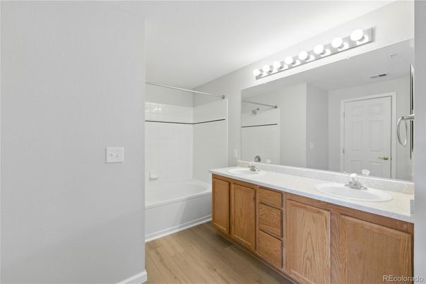 Bathroom, Dual Sink Vanities, Interior, Wood Texture Flooring