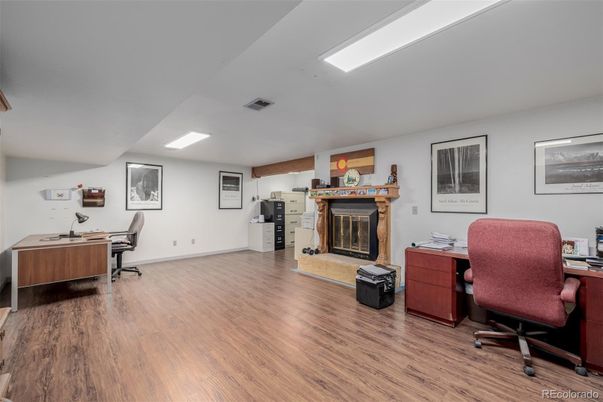 Fireplace, Home Office, Interior, Recessed Lighting, Wood Texture Flooring