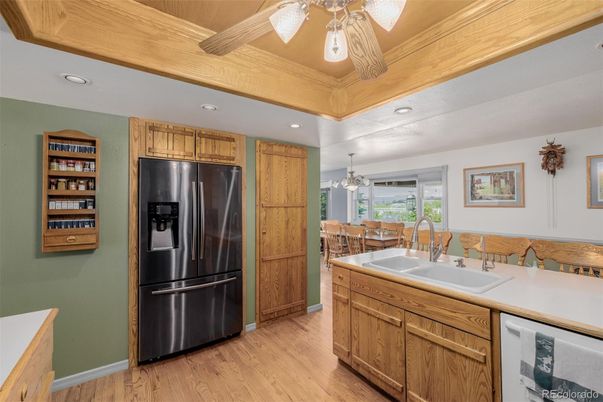 Chandelier, Dining room, Interior, Kitchen, Recessed Lighting, Wood Texture Flooring