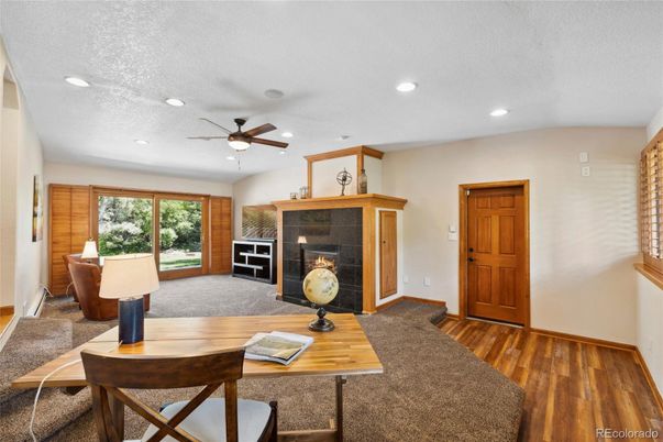 Fireplace, Home Office, Interior, Recessed Lighting, Wood Texture Flooring