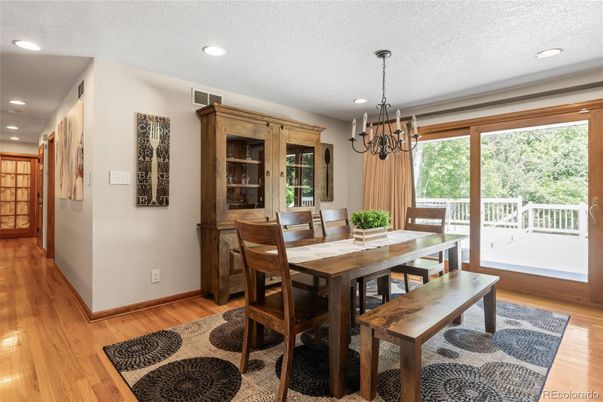 Chandelier, Dining room, Interior, Recessed Lighting, Wood Texture Flooring