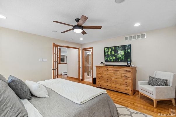 Bedroom, Interior, Recessed Lighting, Wood Texture Flooring