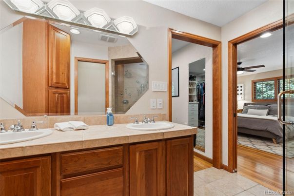 Bathroom, Dual Sink Vanities, Interior, Tile Countertops, Wood Texture Flooring