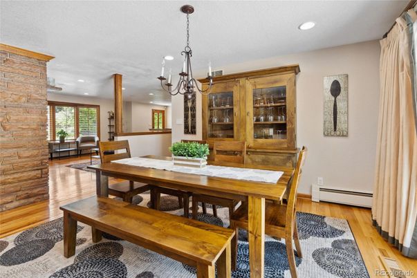 Dining room, Interior, Pendant Lights, Recessed Lighting, Stone Walls, Wood Texture Flooring