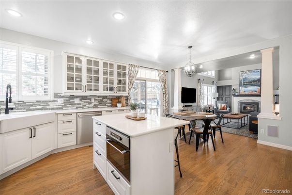 Dining room, Fireplace, Interior, Kitchen, Living room, Pendant Lights, Recessed Lighting, Wood Texture Flooring